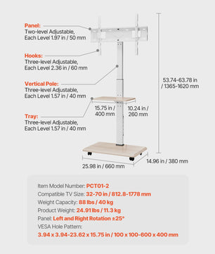 Verrijdbare TV Standaard met Plateau - In Hoogte Verstelbaar voor 32-70 Inch