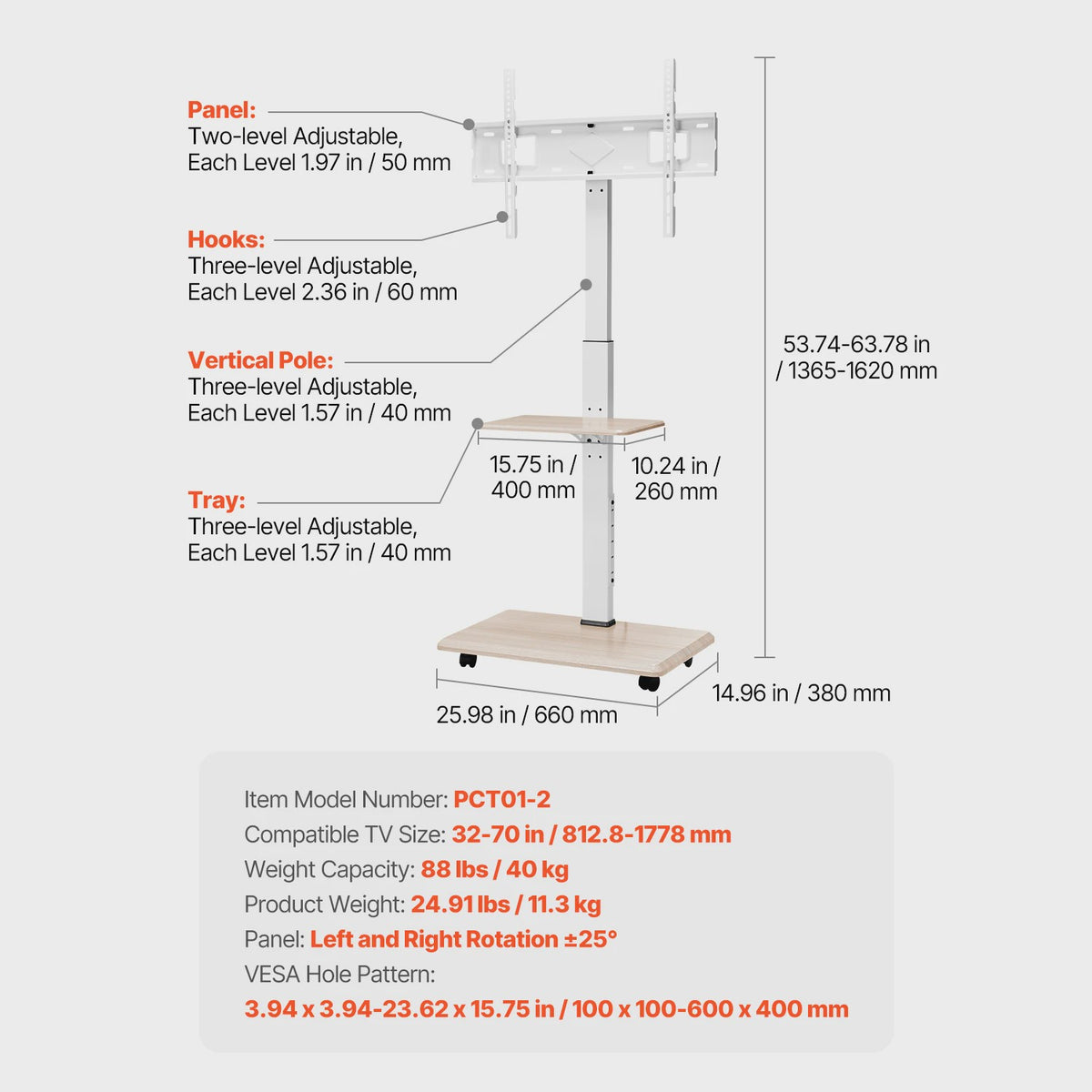 Verrijdbare TV Standaard met Plateau - In Hoogte Verstelbaar voor 32-70 Inch
