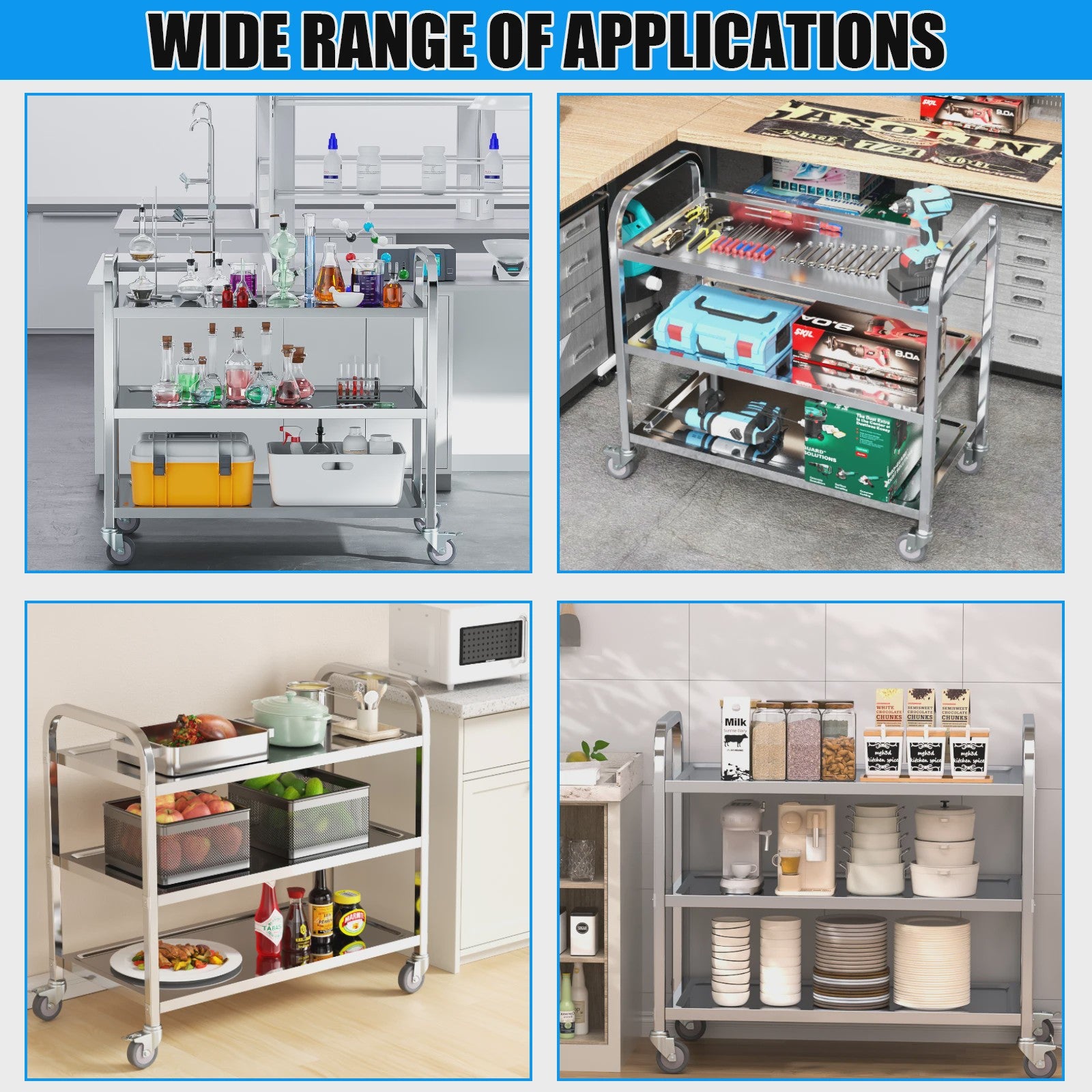 Professionele 3-Laags RVS Trolley met Wielen - Stil en Duurzaam voor Keuken, Kliniek en Salon