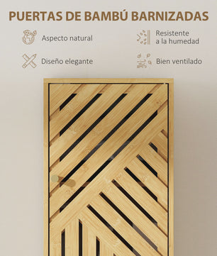 Smalle Bamboe Badkamerkast met Deuren, Open Vakken en Verstelbare Planken - 32x30x170 cm