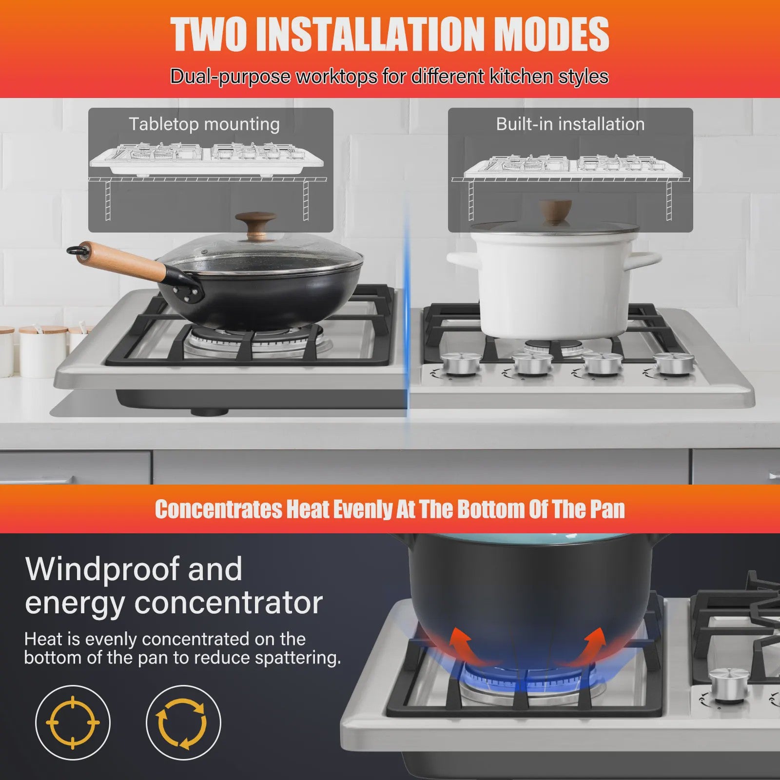 4-pits Gas Kookplaat 25300 BTU Inbouw/Tafelmodel LPG/Aardgas Om te Bouwen met Vlambeveiliging