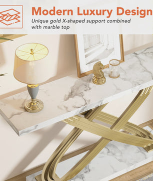 Moderne Console Tafel met Faux Marmer en Gouden X-Frame - 140 cm