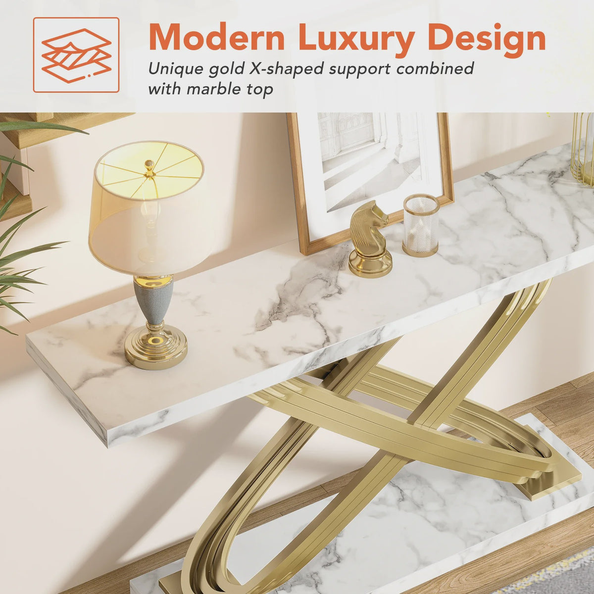Moderne Console Tafel met Faux Marmer en Gouden X-Frame - 140 cm