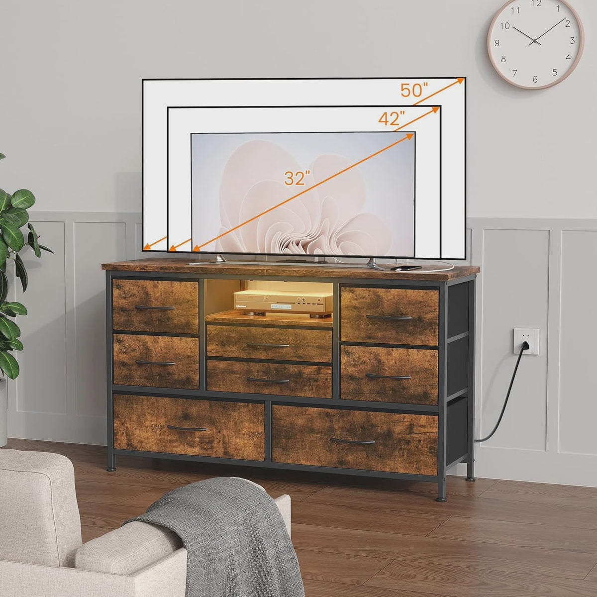 Industriële Ladekast met 8 Laden, TV-meubel met Laadstation en Metalen Frame