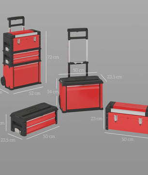 HOMCOM Set van 3 Stapelbare Gereedschapskisten op Wielen met Lade, Handgrepen en Slot - Rood