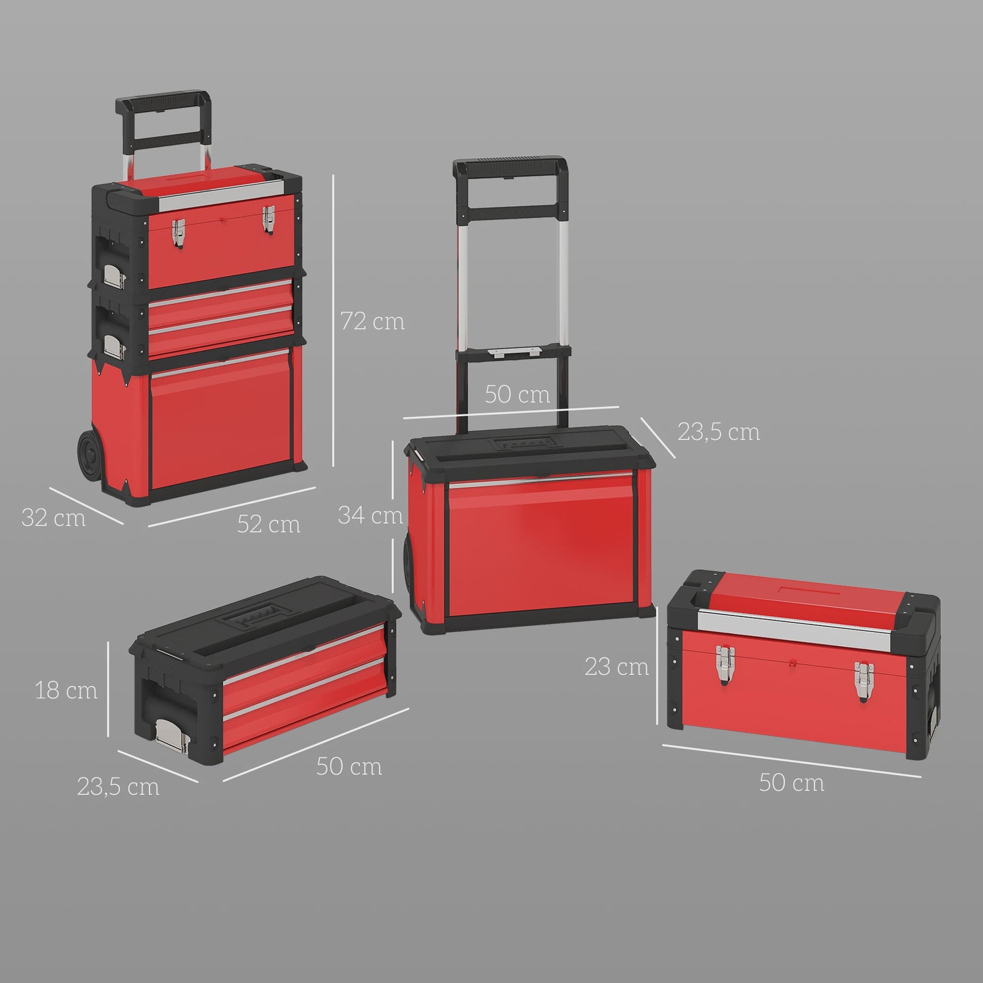 HOMCOM Set van 3 Stapelbare Gereedschapskisten op Wielen met Lade, Handgrepen en Slot - Rood