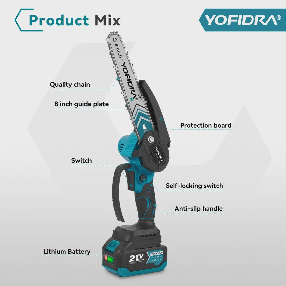 YOFIDRA Accu Snoeizaag 6 & 8 inch - Borstelloze Motor, Krachtig & Draadloos