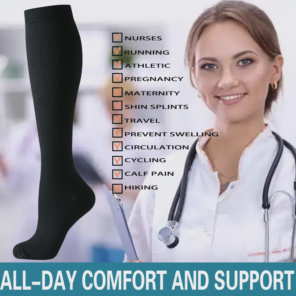 6 Paar Steunkousen - Zwart & Huidskleur - Comfort & Compressie voor Zorgverleners