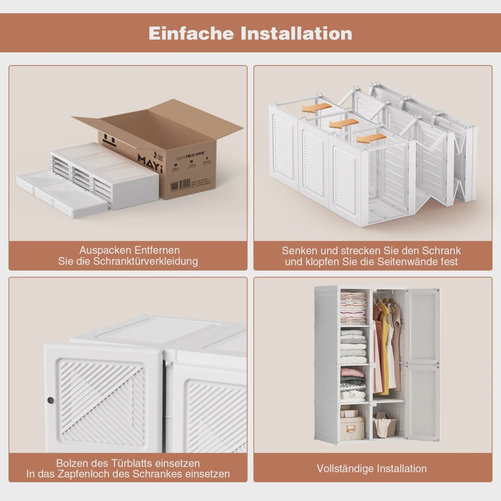 Draagbare Opvouwbare Garderobekast Organizer - Wit ABS Plastic Kledingkast met Deuren