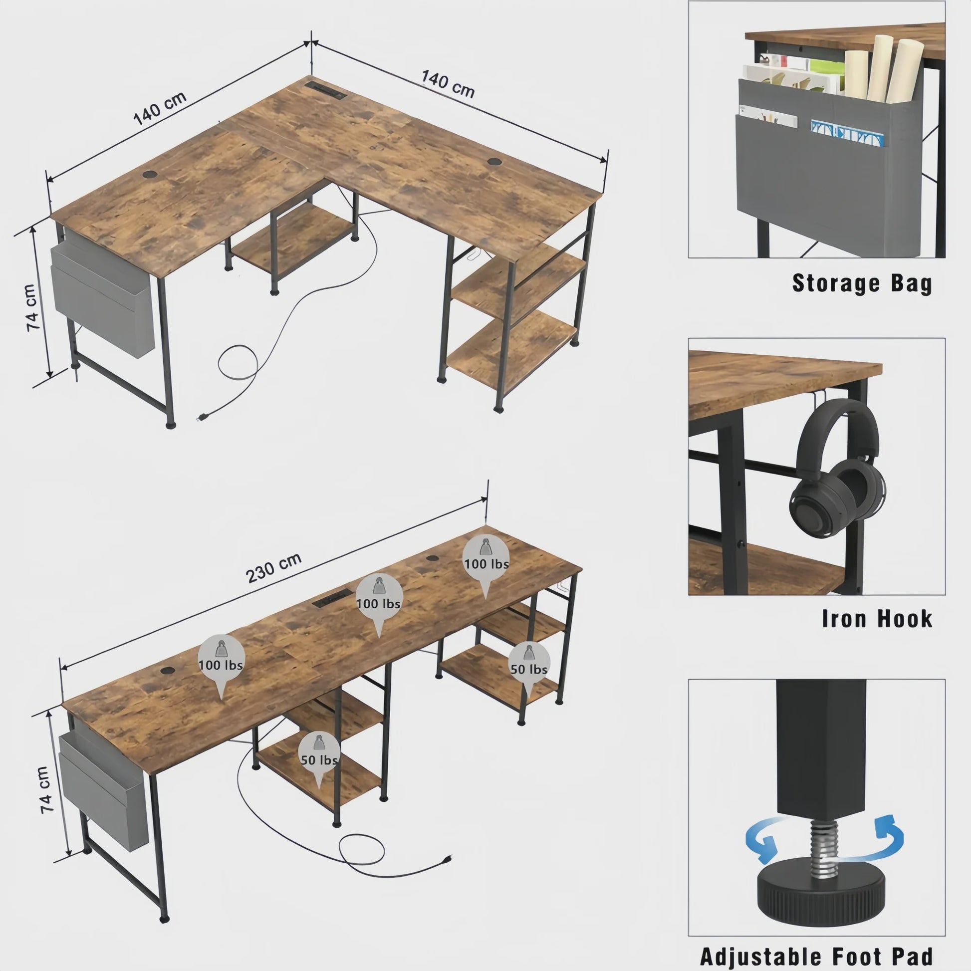 L-vormig Bureau met Opbergruimte & Geïntegreerde Stroomvoorziening - Modern Bruin Hoekbureau 140x140cm