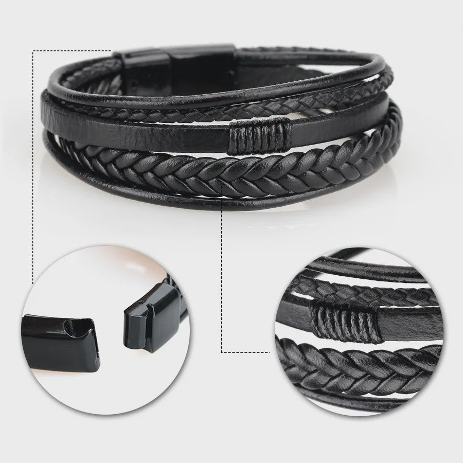Trendy Heren Leren Armband - RVS & Gevlochten Touw, 21cm