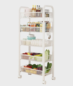 5-Laags Keuken Trolley met Wielen - Carbon Staal Opbergrek met Haken