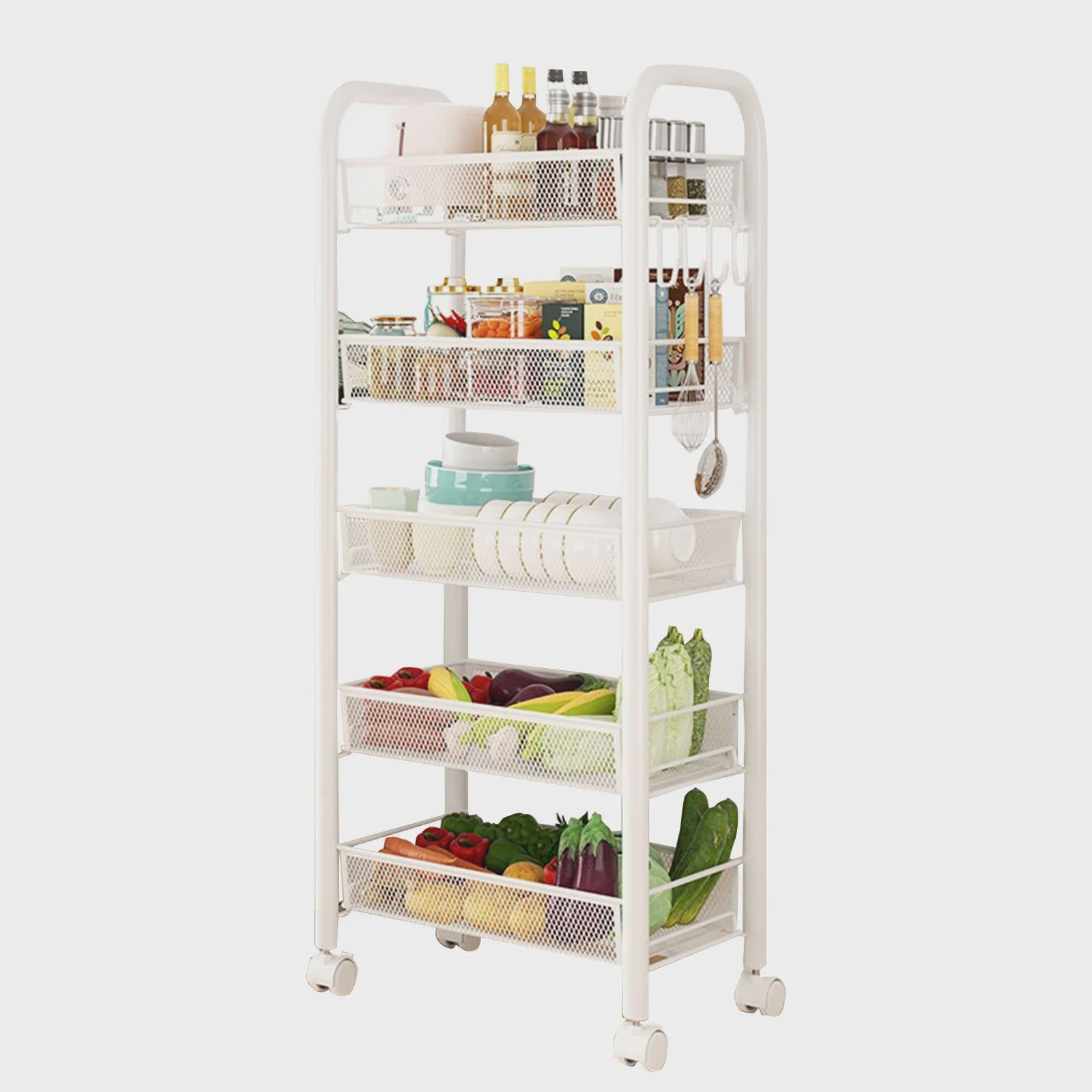 5-Laags Keuken Trolley met Wielen - Carbon Staal Opbergrek met Haken