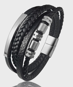 Luxe Heren Armband van Gevlochten Leer met Magnetische Sluiting en RVS Details