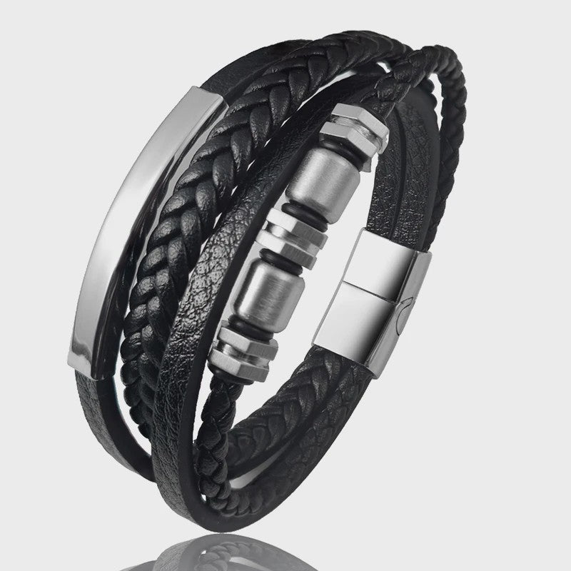Luxe Heren Armband van Gevlochten Leer met Magnetische Sluiting en RVS Details