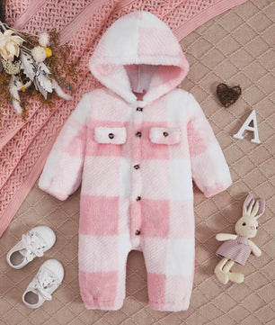 Warme Pluche Baby Romper met Capuchon - Geruit Jumpsuit voor Peuters (3-24 maanden)