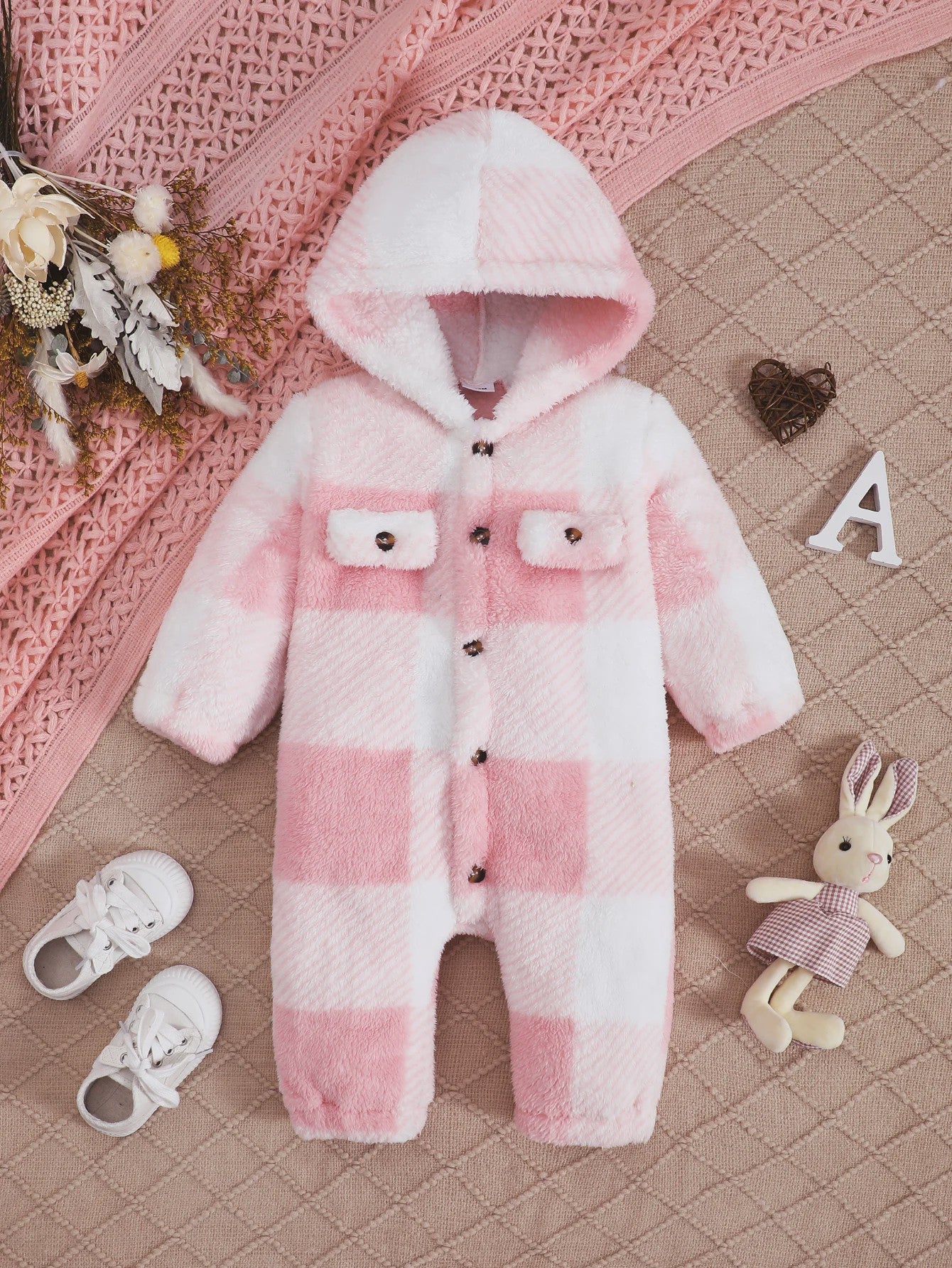 Warme Pluche Baby Romper met Capuchon - Geruit Jumpsuit voor Peuters (3-24 maanden)