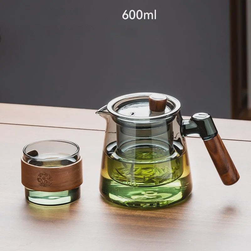 Glazen Theepot Set 600ML met Infuser en Houten Handvat - Stijlvol en Functioneel