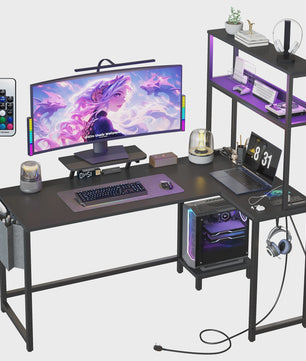 L-vormig Gaming Bureau met LED Verlichting, Stopcontacten en Monitorstandaard