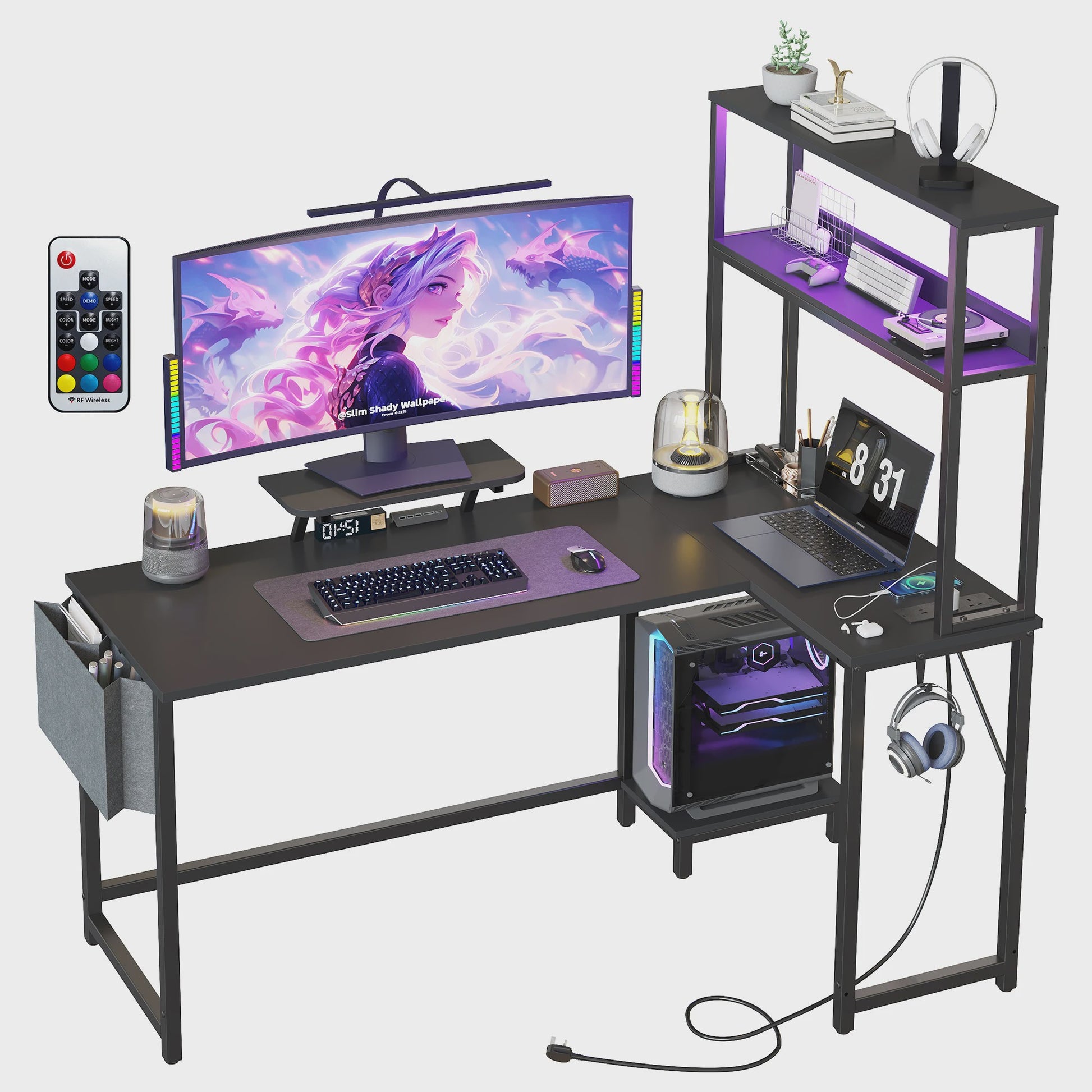 L-vormig Gaming Bureau met LED Verlichting, Stopcontacten en Monitorstandaard