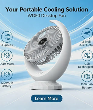 Draagbare USB Bureauventilator WD50 - Stil, Oplaadbaar met 3 Snelheden en 1200mAh Batterij