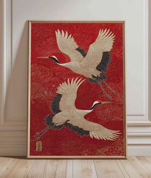 Japanse Kraanvogel Wanddecoratie - Rode en Gouden Oosterse Vogelprint