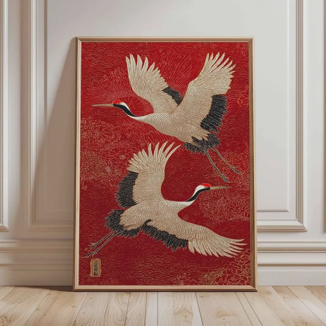 Japanse Kraanvogel Wanddecoratie - Rode en Gouden Oosterse Vogelprint