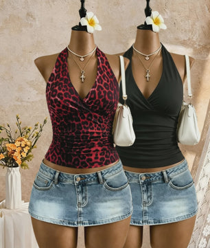 2-Pack Dames Crop Top met Halternek, Diepe V-hals en Ruches - Zomer Y2K Stijl
