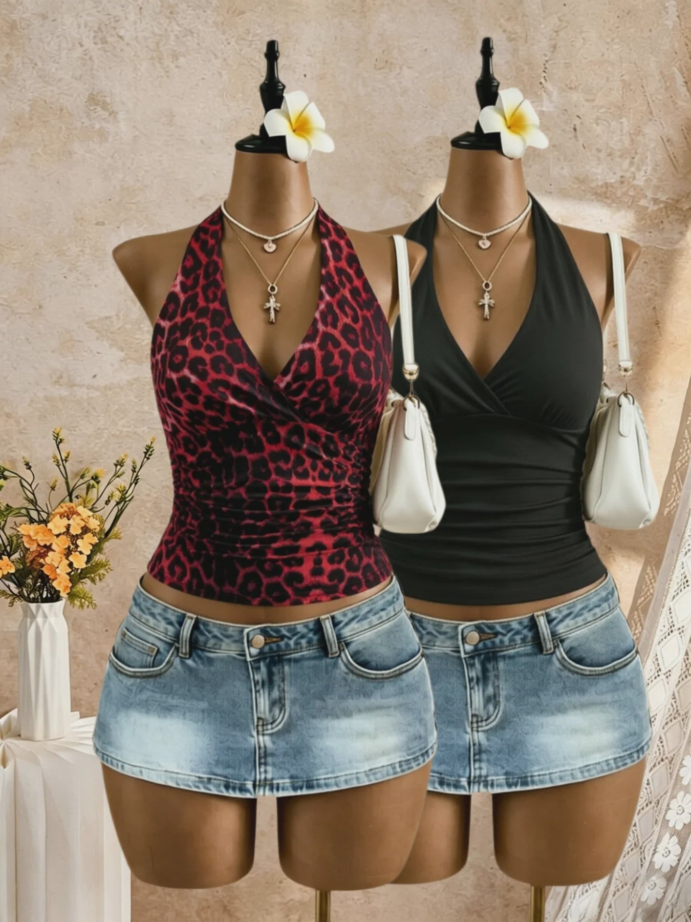 2-Pack Dames Crop Top met Halternek, Diepe V-hals en Ruches - Zomer Y2K Stijl