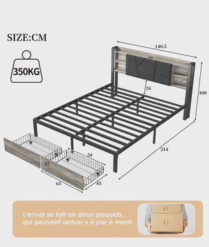 Gestoffeerd Dubbel Bedframe met 2 Lades en LED Verlichting - 140/160/180x200cm