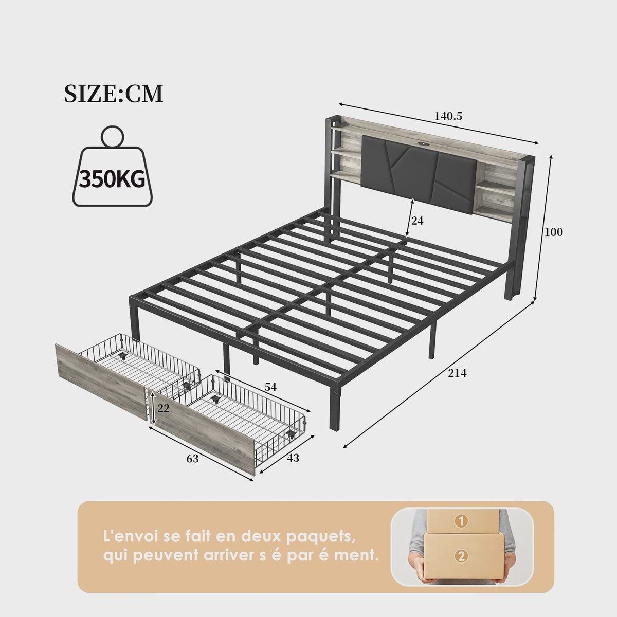 Gestoffeerd Dubbel Bedframe met 2 Lades en LED Verlichting - 140/160/180x200cm