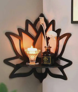 Houten Lotus Wandrek - Decoratieve Hoekplank voor Essentiële Oliën & Kaarsen