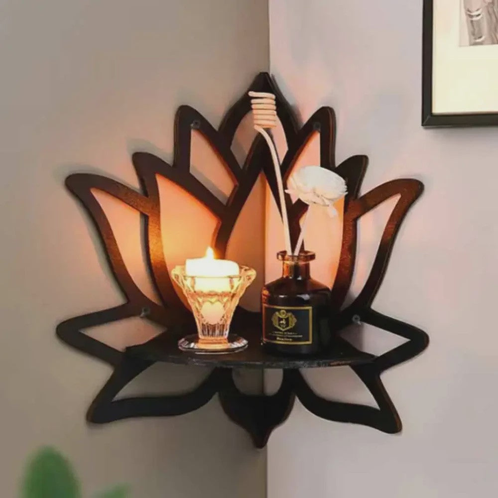 Houten Lotus Wandrek - Decoratieve Hoekplank voor Essentiële Oliën & Kaarsen