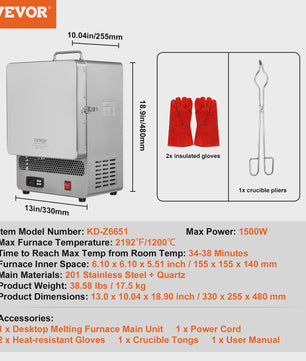 Elektrische Smeltoven 1500W - Hoge Temperatuur 1200°C voor Metaal, Klei & Glazuren