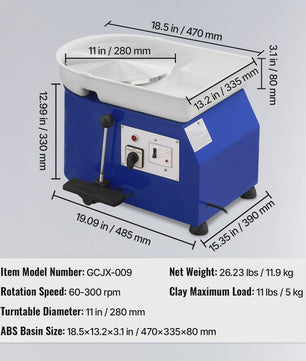 Professionele Pottenbakkersschijf 350W met Voetpedaal & Afneembare Kuip - 300 RPM