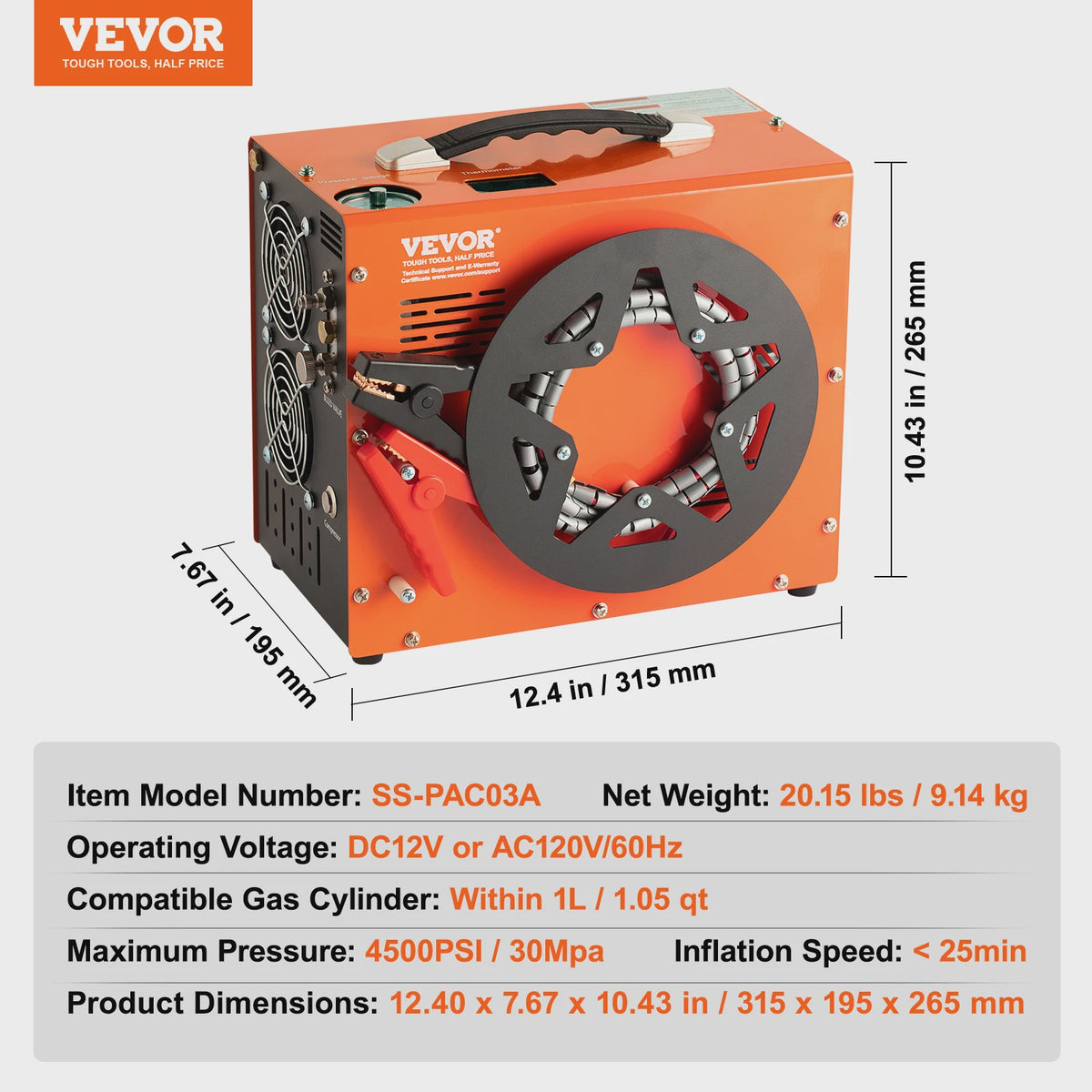 Draagbare PCP Air Compressor 4500PSI/30Mpa - Watervrij, voor Luchtgeweer, Paintball & Duiktank