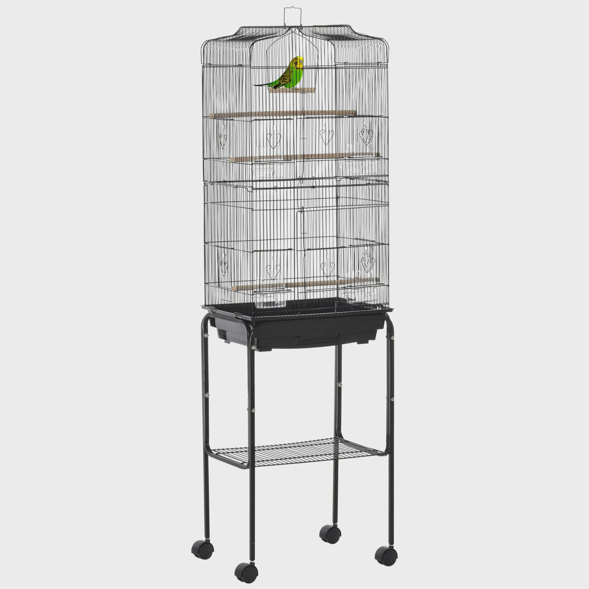 Ruime Vogelkooi met Standaard, Wielen en Opbergplank - 46.5x36x157 cm