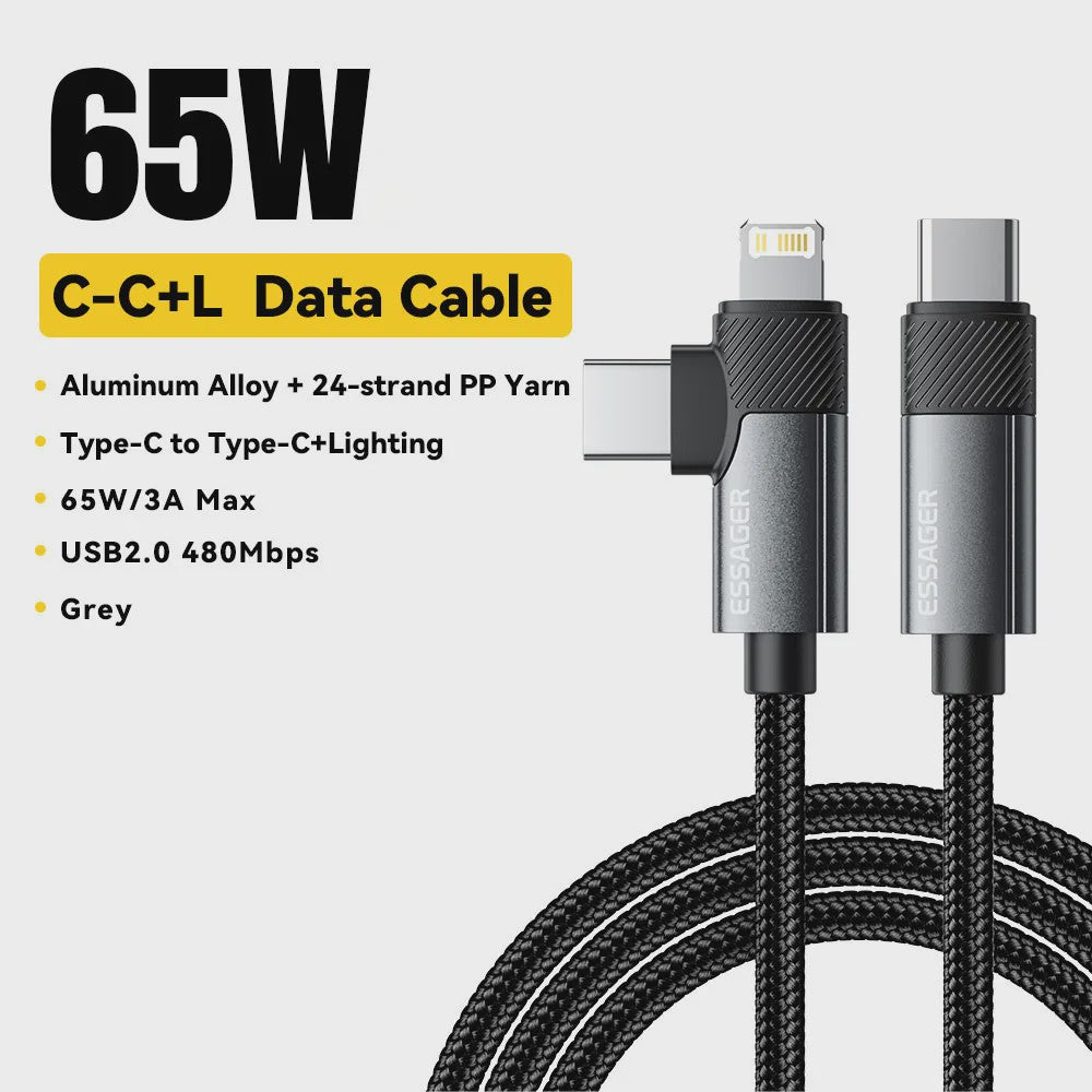 Essager 2-in-1 Hoek Kabel: PD 65W Snelladen & Data | USB-C & Lightning