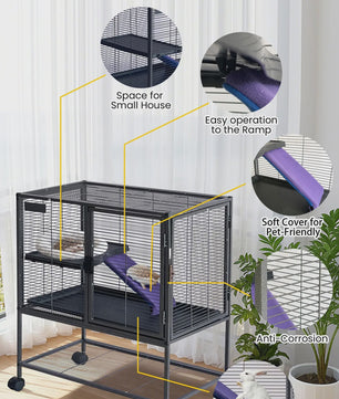 Ruime Multi-Level Kooi voor Kleine Dieren - 91 cm Hoog, Met Plateaus, Helling & Opbergruimte