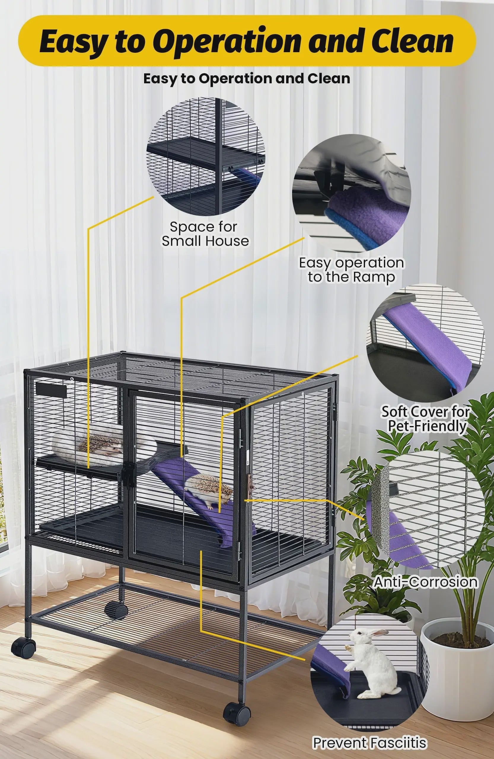 Ruime Multi-Level Kooi voor Kleine Dieren - 91 cm Hoog, Met Plateaus, Helling & Opbergruimte