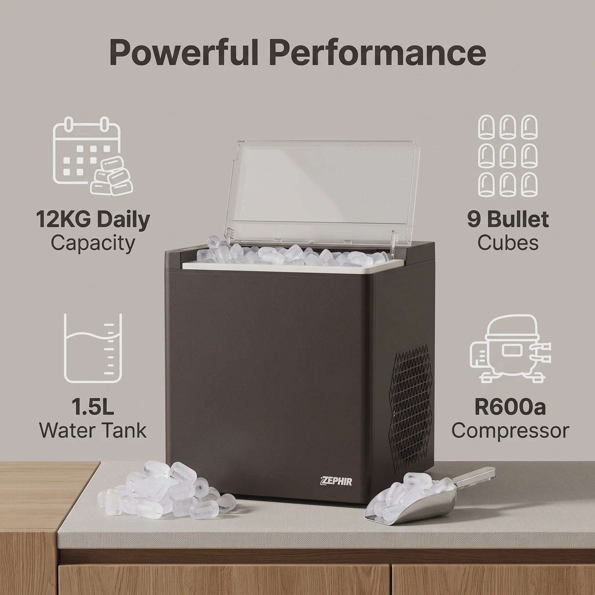 Compacte IJsmachine voor aanrecht - 12KG/24H - Zelfreinigend - Bullet IJs - 1.5L Tank
