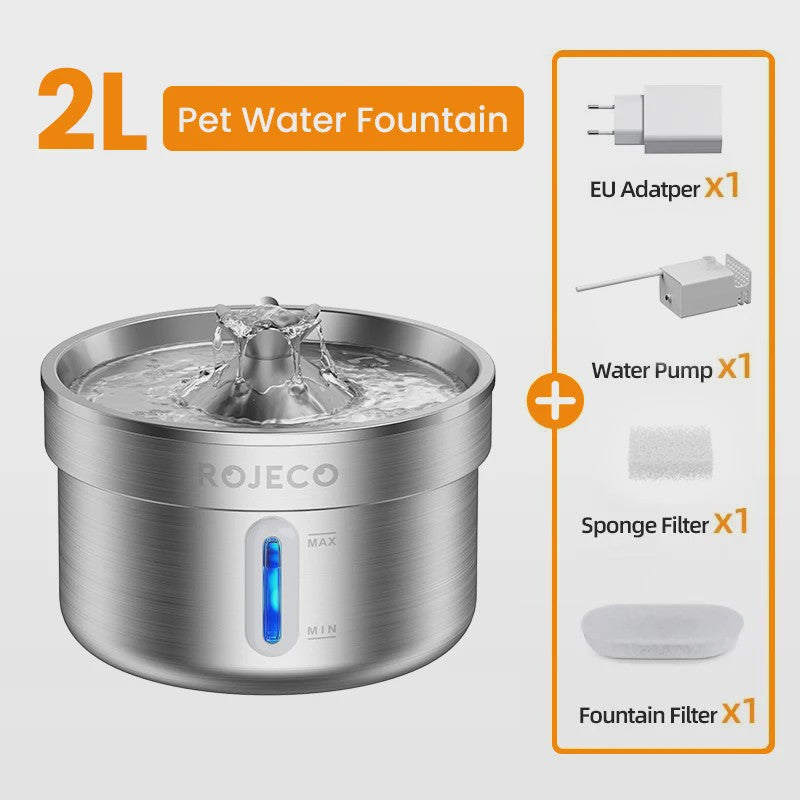 ROJECO Roestvrijstalen Drinkfontein voor Katten & Honden - Automatisch, 2L, Stil & Zuiverend