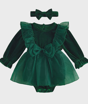 Baby Meisjes Kerst Romper Jurk met Lange Mouwen, Ruches, Tule en Hoofdband