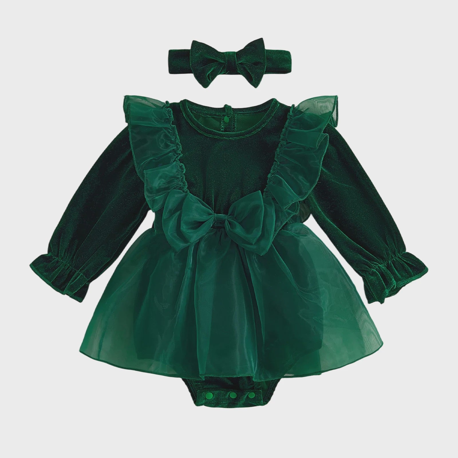 Baby Meisjes Kerst Romper Jurk met Lange Mouwen, Ruches, Tule en Hoofdband