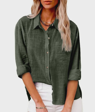 Dames Blouse met Lange Mouwen - Katoen Linnen Look