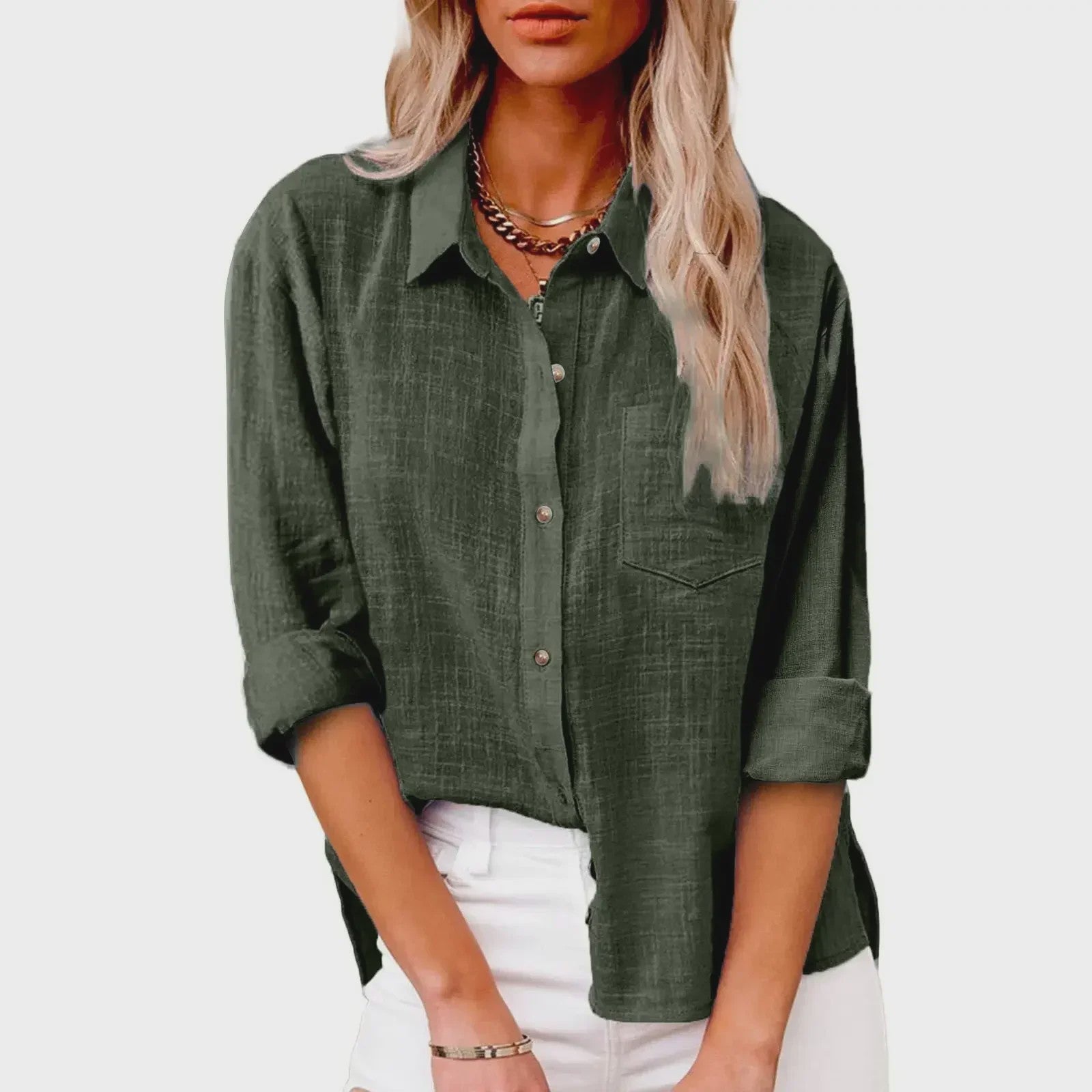 Dames Blouse met Lange Mouwen - Katoen Linnen Look