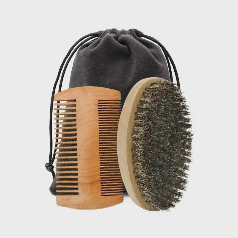 Professionele Baardborstel en Kam Set met Gift Bag - Zacht Varkenshaar & Hout