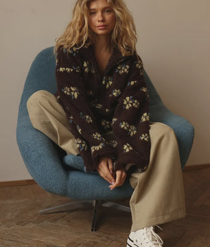 Dames Sherpa Pullover Hoodie met Bloemenprint en Halve Rits - Warm & Stijlvol