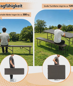 Opvouwbare Picknicktafel Set met 2 Banken - 180cm HDPE, UV-bestendig, Bruin