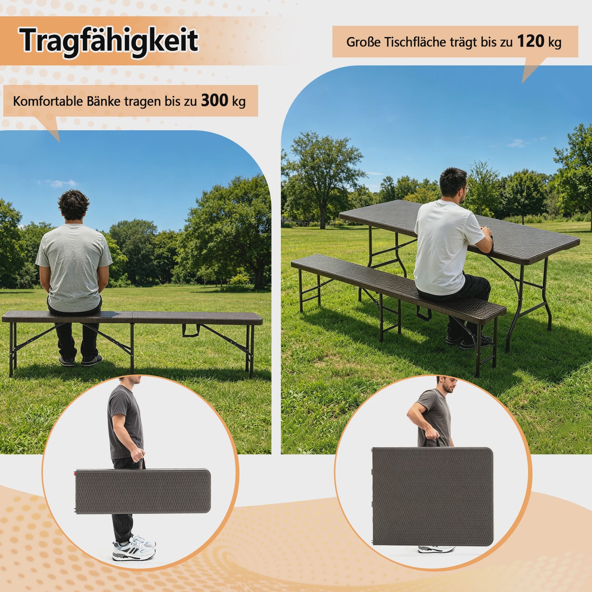 Opvouwbare Picknicktafel Set met 2 Banken - 180cm HDPE, UV-bestendig, Bruin